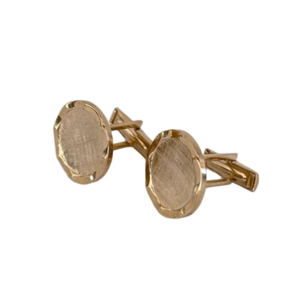 Cufflinks Round Brushed and Shiny Gold Tone Metal Vintage